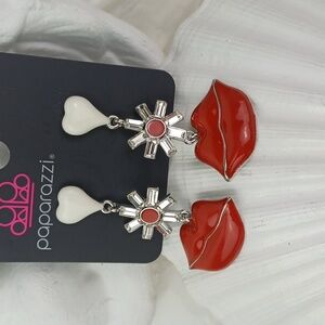Paparazzi Meets Betsey W/These Red Lip White Heart Sparkly Dangling Earrings